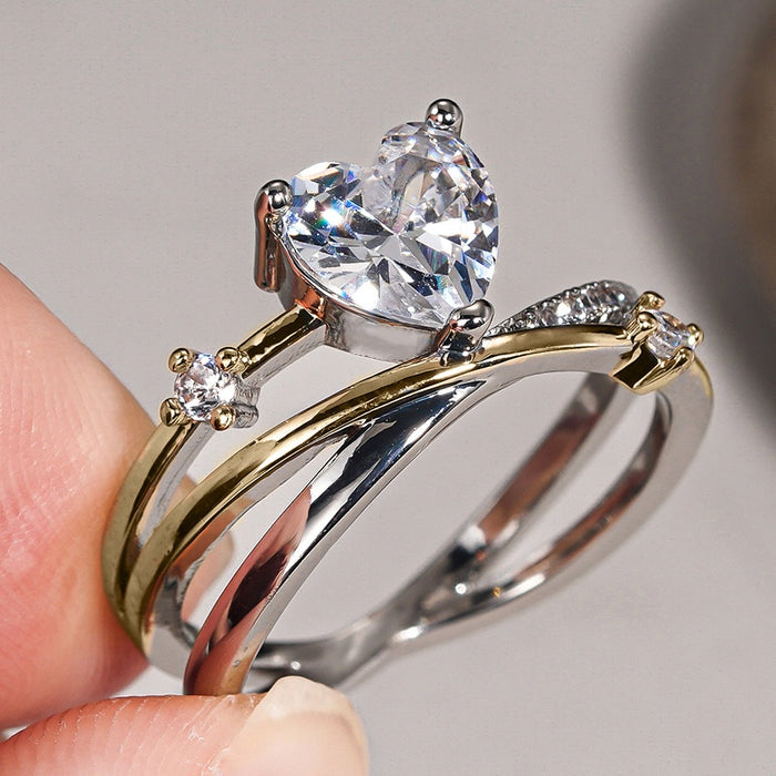 Sweet Elegant Heart Two Tone Line Layered Ring, Fairy Style Fashion Jewelry For Women