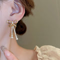 Elegant Light Luxury Bow Zircon Faux Pearl Stud Earrings with Gold Plated Silver Pins view 2