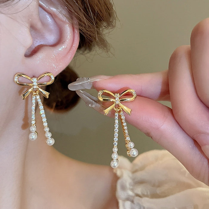Elegant Light Luxury Bow Zircon Faux Pearl Stud Earrings with Gold Plated Silver Pins