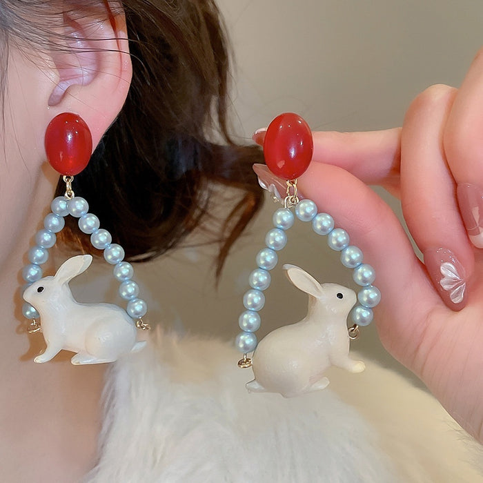 Cute Rabbit Faux Pearl Stud Earrings With Silver Posts, Vintage Elegant Animal Design
