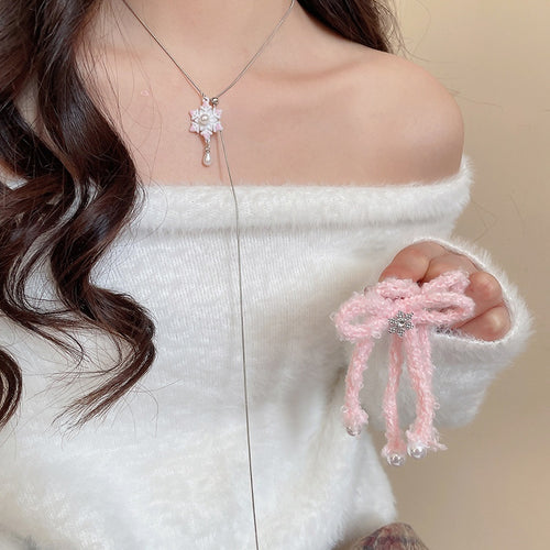 Light Luxury Iron Snowflake Bow Pearl Stud Earrings Necklace Jewelry Set For Women