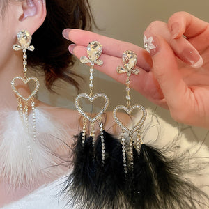 Rhinestone Heart Feather Tassel Drop Earrings With Silver Posts, Light Luxury Statement Style
