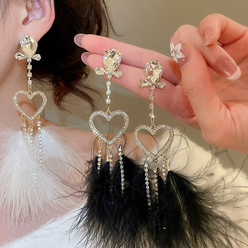 Rhinestone Heart Feather Tassel Drop Earrings With Silver Posts, Light Luxury Statement Style