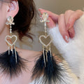 Rhinestone Heart Feather Tassel Drop Earrings With Silver Posts, Light Luxury Statement Style view 3