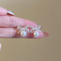 Gold Plated Silver Needle Faux Pearl Tiger Eye Bow Stud Earrings Vintage Light Luxury Style view 3