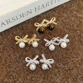 Gold Plated Silver Needle Faux Pearl Tiger Eye Bow Stud Earrings Vintage Light Luxury Style view 1