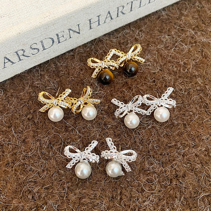 Gold Plated Silver Needle Faux Pearl Tiger Eye Bow Stud Earrings Vintage Light Luxury Style