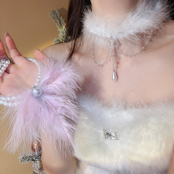 Double Layer Faux Pearl Beaded Feather Tassel Necklace, Elegant Light Luxury Geometric Choker