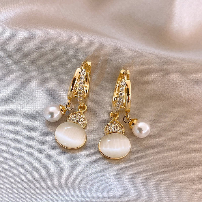 Light Luxury New Chinese Faux Pearl Zircon Cat Eye Gourd Drop Earrings For Women