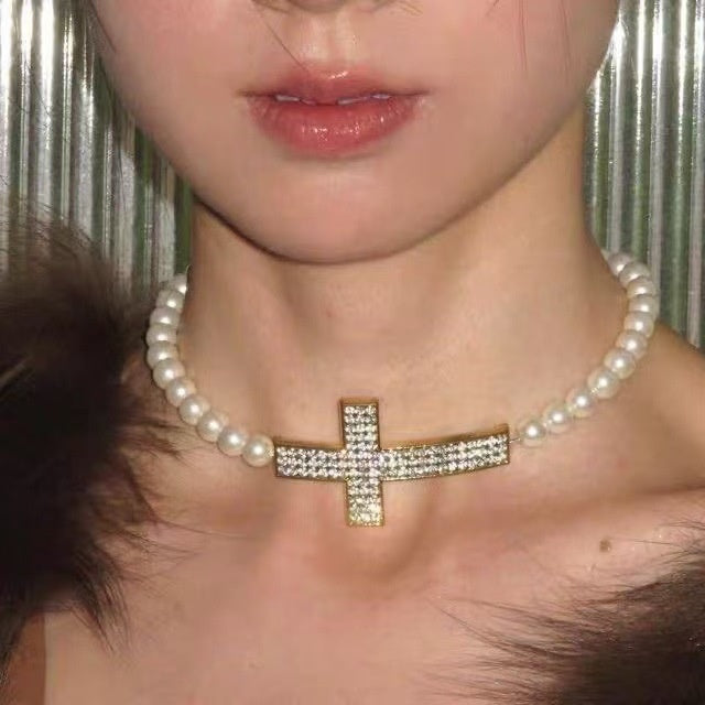 Light Luxury Faux Pearl Rhinestone Cross Choker Necklace For Women Vintage Geometric Collarbone Jewelry