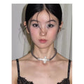 Light Luxury Faux Pearl Rhinestone Cross Choker Necklace For Women Vintage Geometric Collarbone Jewelry view 4