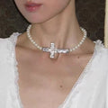 Light Luxury Faux Pearl Rhinestone Cross Choker Necklace For Women Vintage Geometric Collarbone Jewelry view 3