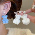 Cute Flocked Teddy Bear Pearl Stud Drop Earrings With Silver Needles For Women view 2