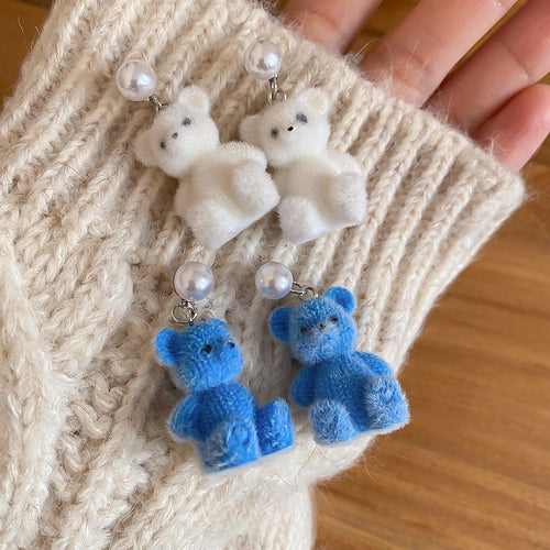 Cute Flocked Teddy Bear Pearl Stud Drop Earrings With Silver Needles For Women