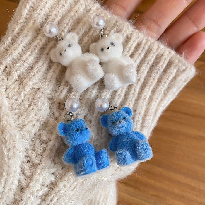 Cute Flocked Teddy Bear Pearl Stud Drop Earrings With Silver Needles For Women