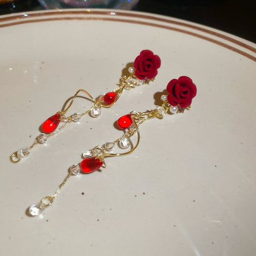 Sweet Floral Flocked Faux Pearl Tassel Drop Earrings With Silver Needle Elegant Daily Jewelry
