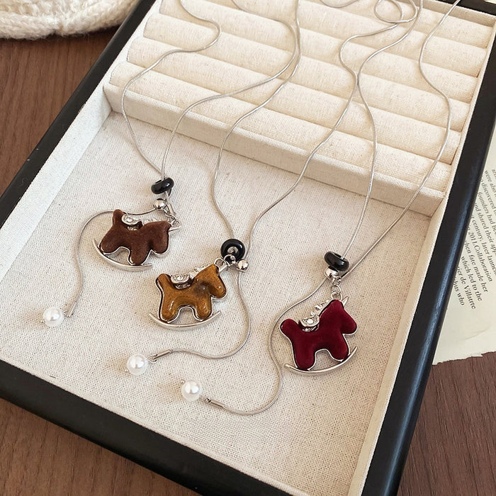 Light Luxury Copper Flocked Zircon Horse Pendant Sweater Necklace New Chinese Zodiac Choker
