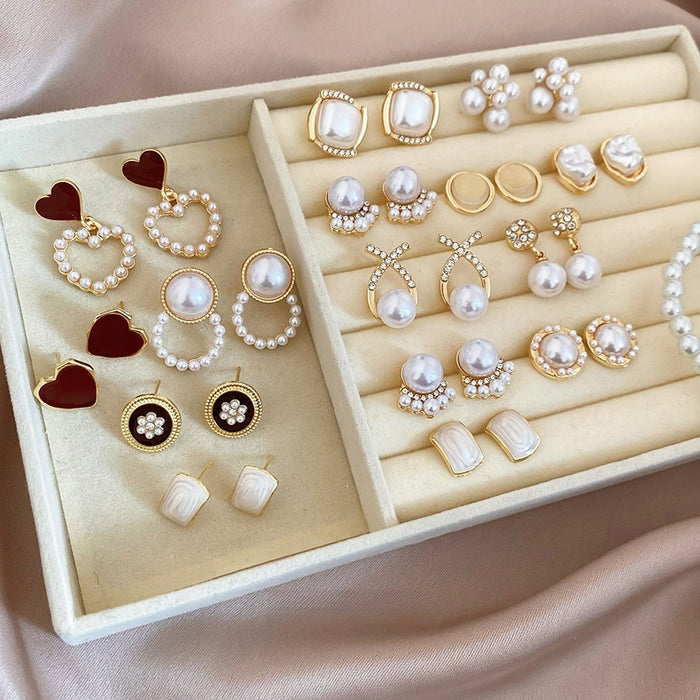 Light Luxury Geometric Faux Pearl Rhinestone Stud Earrings With Silver Posts For Women