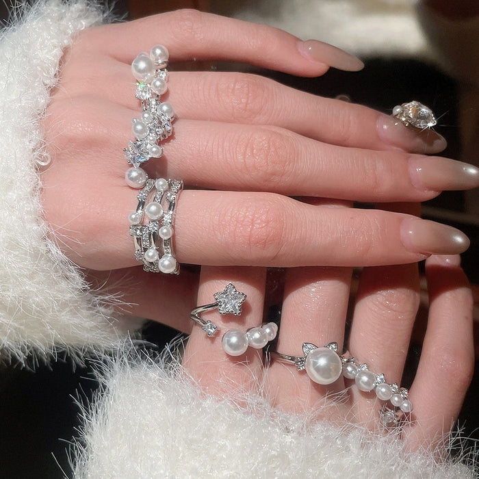 Gold Plated Zircon Pearl Korean Style Open Ring For Women