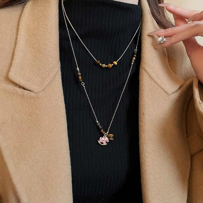 Stainless Steel Tiger Eye Pony Pendant Sweater Necklace Vintage Maillard Style Jewelry For Women