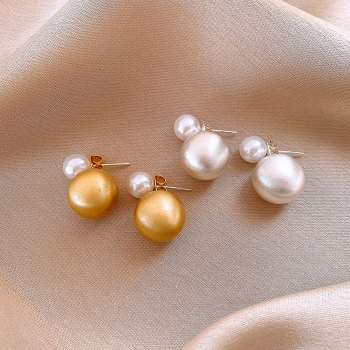 French Vintage Brushed Round Faux Pearl Stud Earrings Light Luxury Geometric Women's Jewelry