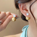 French Vintage Brushed Round Faux Pearl Stud Earrings Light Luxury Geometric Women's Jewelry view 2