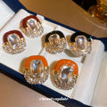 Vintage Alloy Oval Enamel Rhinestone Stud Earrings With Silver Pins Light Luxury Jewelry view 2