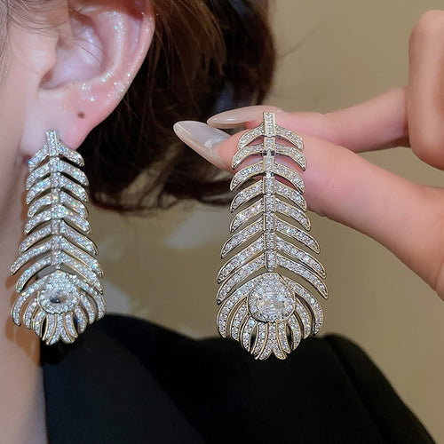 Copper Zircon Feather Tassel Drop Earrings Chic Minimalist Statement Jewelry