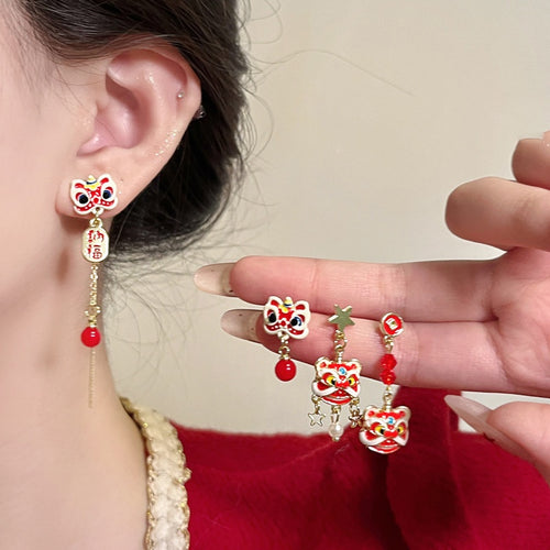Silver Needle Oil-Drip Lion Dance Tassel Drop Earrings Chinese Style Alloy Elegant Daily Wear Jewelry
