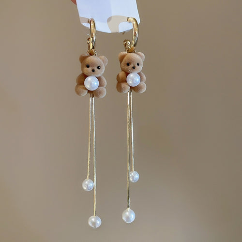 Cute Flocked Teddy Bear Faux Pearl Tassel Drop Earrings With Silver Needle Retro Winter Style