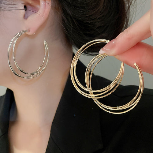 Metal C-Shaped Multi Layer Hoop Earrings With Silver Pins, Minimalist Geometric Light Luxury Style