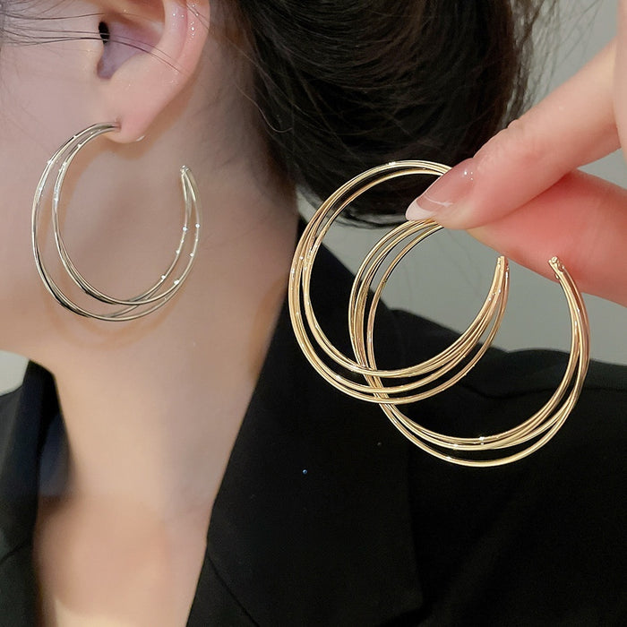 Metal C-Shaped Multi Layer Hoop Earrings With Silver Pins, Minimalist Geometric Light Luxury Style