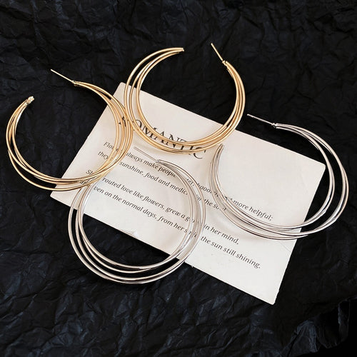 Metal C-Shaped Multi Layer Hoop Earrings With Silver Pins, Minimalist Geometric Light Luxury Style