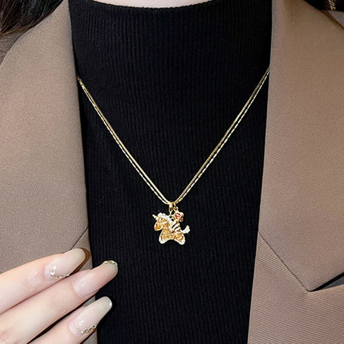 Copper Zircon Crystal Pony Necklace And Stud Earrings Jewelry Set For Women, Chinese Style