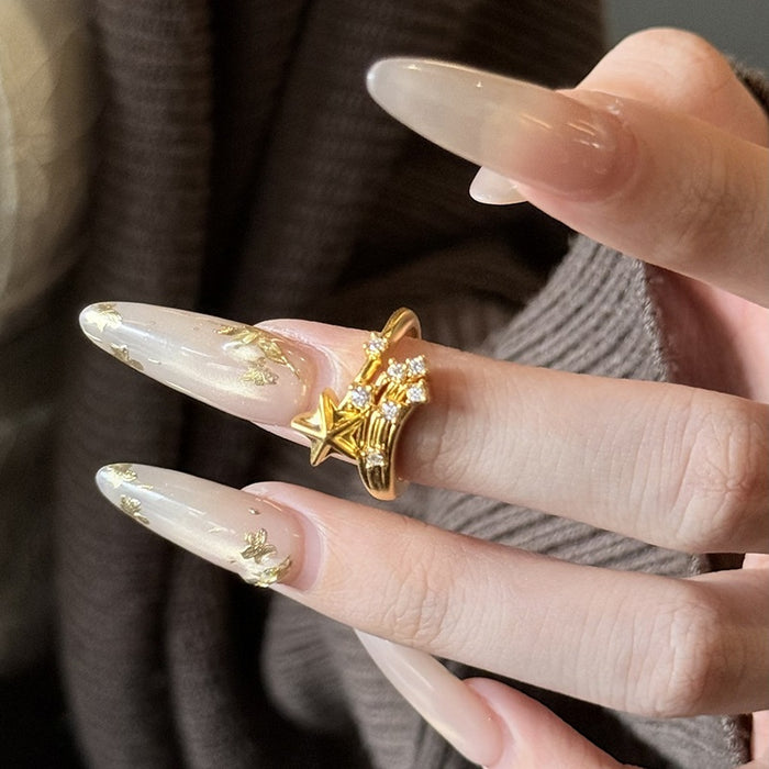 Gold Plated Zircon Star French Vintage Open Ring For Women