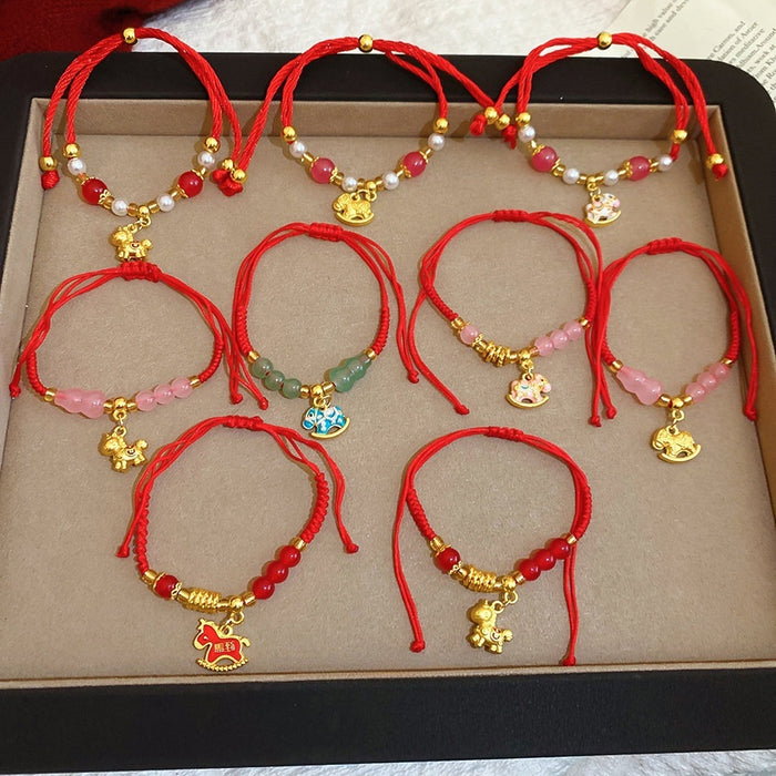Braided Red Rope Crystal Beaded Horse Pendant Bangle Chinese Zodiac Light Luxury Jewelry