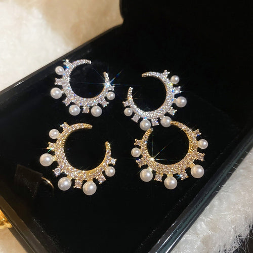 Light Luxury Faux Pearl Zircon Crescent Drop Earrings With Silver Needle Vintage Geometric Style