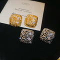 Copper Square Hollow Zircon Stud Earrings With Silver Posts, Luxury Geometric Fashion Jewelry view 4