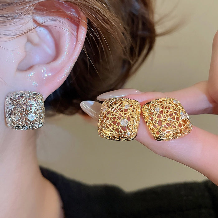 Copper Square Hollow Zircon Stud Earrings With Silver Posts, Luxury Geometric Fashion Jewelry