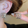 Copper Square Hollow Zircon Stud Earrings With Silver Posts, Luxury Geometric Fashion Jewelry view 3