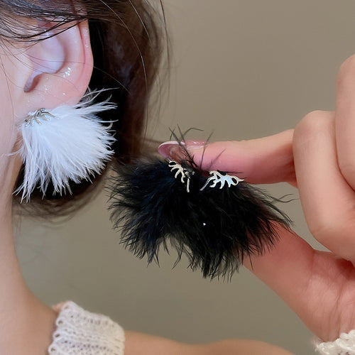Feather Tassel Drop Earrings With Silver Needle Geometric Stud Design For Fashion OL Minimalist Style