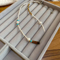 Maillard Style Faux Pearl Tiger Eye Beaded Necklace With Silver Accents, Retro Ethnic Collarbone Jewelry view 4