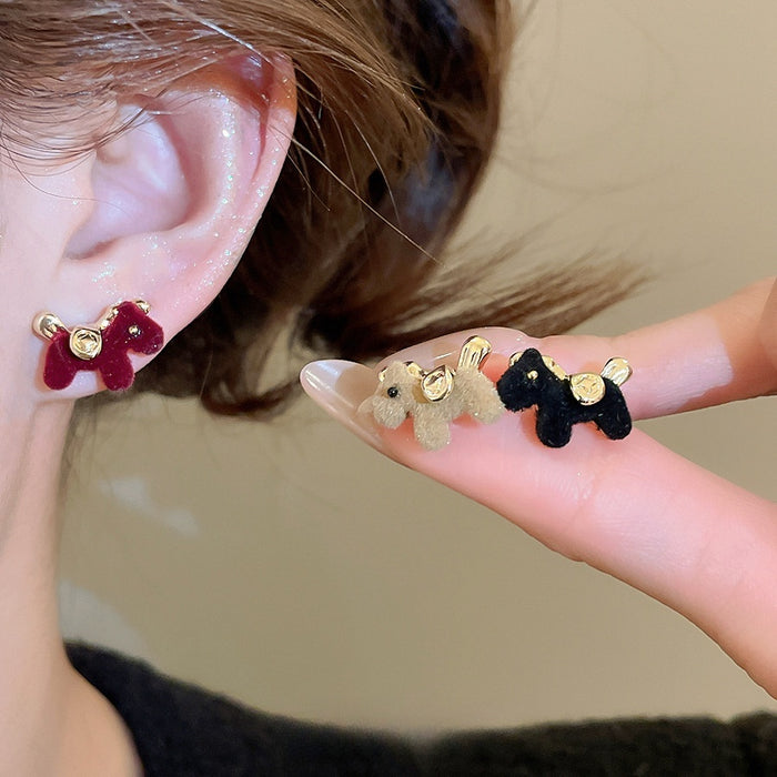 Silver Needle Flocked Pony Stud Earrings New Chinese Retro Zodiac Animal Light Luxury Jewelry