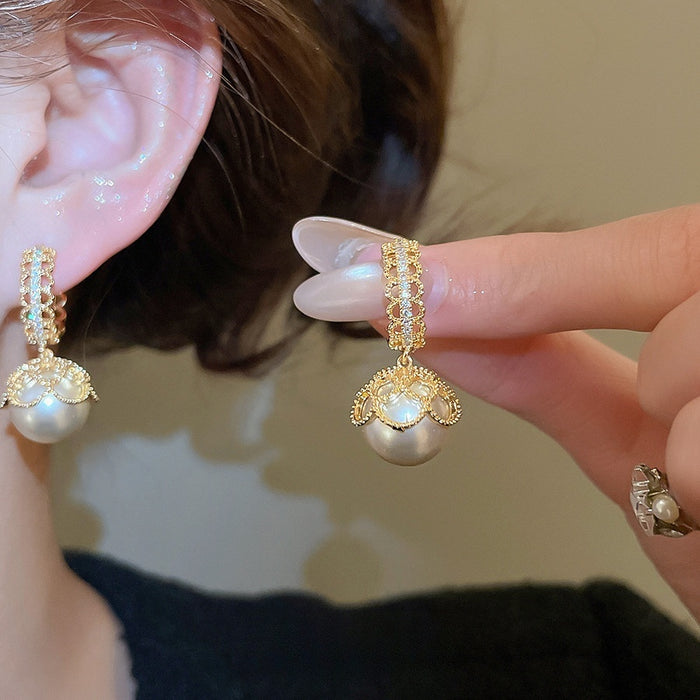 Gold Plated Zircon Lace Faux Pearl Ear Cuff Earrings French Vintage Geometric Round Elegant Jewelry