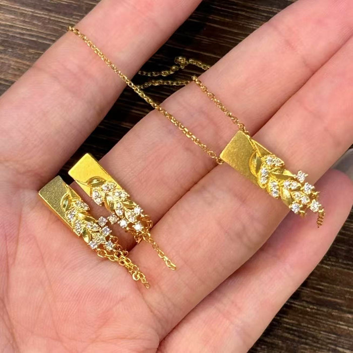 Gold Plated Copper Zircon Wheat Tassel Necklace And Stud Earrings Jewelry Set In Chinese Vintage Style
