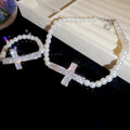 Light Luxury Faux Pearl Rhinestone Cross Necklace Bracelet Jewelry Set For Women view 2