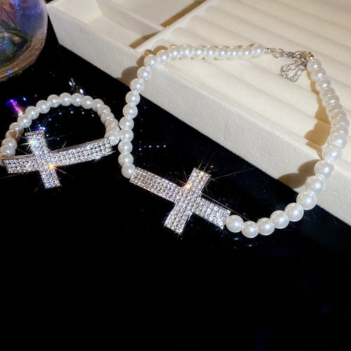 Light Luxury Faux Pearl Rhinestone Cross Necklace Bracelet Jewelry Set For Women