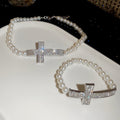 Light Luxury Faux Pearl Rhinestone Cross Necklace Bracelet Jewelry Set For Women view 4