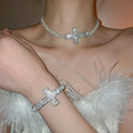 Light Luxury Faux Pearl Rhinestone Cross Necklace Bracelet Jewelry Set For Women view 3