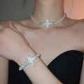 Light Luxury Faux Pearl Rhinestone Cross Necklace Bracelet Jewelry Set For Women view 1